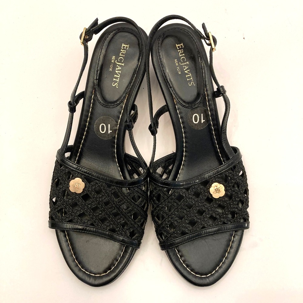 Eric Javits New York Women 10M  Slingback‎ Sandals Shoes Strappy Black Leather